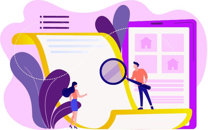 graphic of a man and woman, man is holding a magnifying glass to a graphic of a paper document or contract